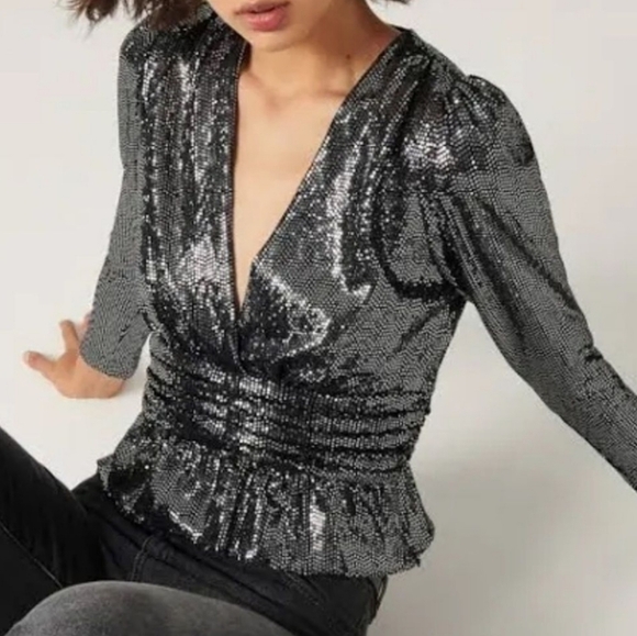 New BA&SH Mae Sequin Top Long Sleeve V Neck Peplum Party Sparkle Noir Black XS - Picture 4 of 17